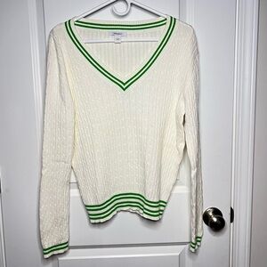 Sweater sz Large Off white V Neck Cable Knit Tennis Prep  Tenniscore Preppy